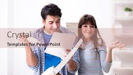  Presentation with broken home - Slides having wife helping husband to repair broken chair at home background and a coral colored foreground