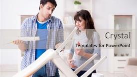  Presentation with broken home - Presentation theme consisting of wife helping husband to repair broken chair at home background and a light gray colored foreground