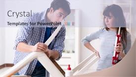 Presentation with broken home - Presentation design featuring wife helping husband to repair broken chair at home background and a light blue colored foreground