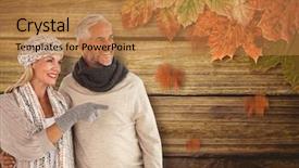  Presentation with wife - Audience pleasing PPT theme consisting of wife pointing finger while standing besides husband against wooden background backdrop and a coral colored foreground