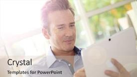  Presentation with middle ages portrait - Beautiful slide deck featuring wifi house - portrait of middle-aged man backdrop and a lemonade colored foreground