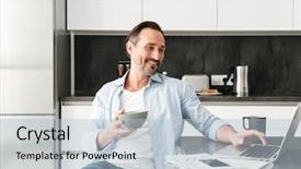  Presentation with gold man smile - Presentation theme with wifi house - smiling mature man having healthy background and a  colored foreground