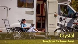  Presentation with family communication - Colorful slides enhanced with wifi house - woman looking at the laptop backdrop and a tawny brown colored foreground