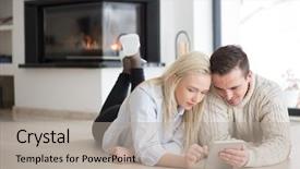  Presentation with internet surfing - Slide set consisting of wifi house - young couple on the floor background and a  colored foreground