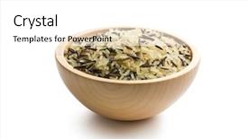  Presentation with flowers on white wooden - Presentation theme featuring wild rice in wooden bowl background and a white colored foreground