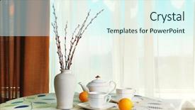  Presentation with teapot - Presentation theme with willow twigs in vase with teapot cups and lemon on table on curtains background background and a sky blue colored foreground