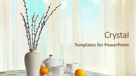  Presentation with teapot - Slide set featuring willow twigs in vase with teapot cups and lemon on table on curtains background background and a sky blue colored foreground