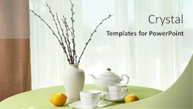  Presentation with teapot - Presentation design consisting of willow-twigs-teapot-cups background and a sky blue colored foreground