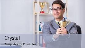  Presentation with prize - Slides with win excting prizes - businessman with prize cup background and a  colored foreground