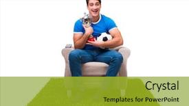  Presentation with sports - Beautiful presentation design featuring win excting prizes - man watching sports isolated backdrop and a gold colored foreground