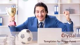  Presentation with soccer - Slide set enhanced with win excting prizes - young handsome businessman with soccer background and a lemonade colored foreground