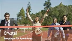  Presentation with win - Presentation design having win race - female businesswoman cheering with competitors background and a coral colored foreground