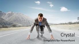  Presentation with businessman standing on mountain top - Presentation theme having win race - young determined businessman standing background and a light gray colored foreground