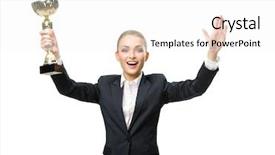  Presentation with golden - PPT theme featuring win trophy - half-length portrait of businesswoman keeping background and a white colored foreground