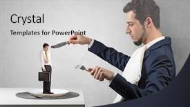  Presentation with negotiating - Presentation enhanced with win win negotiating - tiny scared weak businessman almost background and a light gray colored foreground