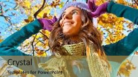 Presentation with beautiful fresh leaves water drops - Audience pleasing theme consisting of wind blowing trees - beautiful girl with leaves backdrop and a gold colored foreground
