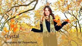  Presentation with nature sun leaves - PPT layouts with wind blowing trees - beautiful girl with leaves background and a yellow colored foreground