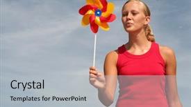  Presentation with pinwheel - PPT theme featuring wind fan - young woman blowing pinwheel background and a  colored foreground
