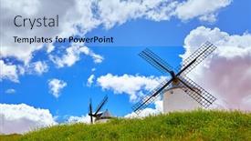  Presentation with windmills - Beautiful presentation theme featuring wind-mills-and-old-castle backdrop and a light blue colored foreground