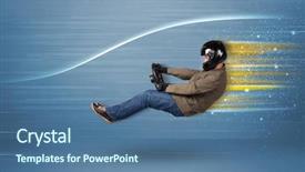  Presentation with driving - Presentation design having wind tunnel - young man driving in imaginary background and a ocean colored foreground