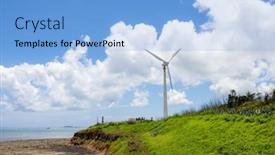  Presentation with turbine - Presentation theme having wind-turbine-at-the-seaside background and a light blue colored foreground