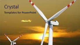  Presentation with turbine - Presentation design featuring wind turbine farm at sunset background and a gold colored foreground
