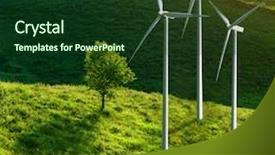  Presentation with wind energy - Theme enhanced with wind turbines and tree on green meadow in summer eco energy concept background and a forest green colored foreground