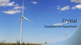  Presentation with sunflowers - PPT theme having wind turbines in open field with sunflowers in foreground background and a light blue colored foreground