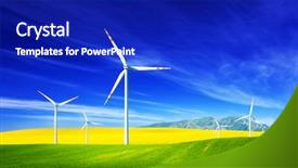  Presentation with energy source - Presentation design enhanced with wind turbines on spring field alternative clean and natural source of energy is gaining pupularity eco farm background and a royal blue colored foreground