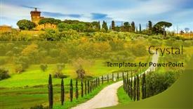  Presentation with olive trees - PPT theme featuring winding-dirt-road-rises background and a gold colored foreground