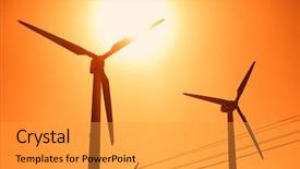  Presentation with offshore wind turbine installation - Theme enhanced with windmill abstrack - electric wind turbines farm silhouettes background and a gold colored foreground