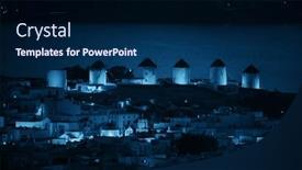  Presentation with windmill - Presentation theme featuring windmill and bay as the famous landmark at night in mykonos island greece background and a navy blue colored foreground