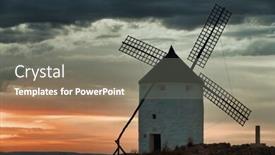  Presentation with windmill - Amazing PPT theme having windmill-sunset-in-consuegra-near backdrop and a gray colored foreground