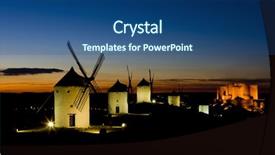  Presentation with windmills - PPT theme with windmills with castle at night consuegra castile-la mancha spain background and a ocean colored foreground