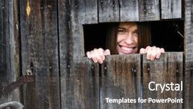  Presentation with young business woman smile show - Presentation with window in the wooden shed background and a dark gray colored foreground