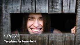  Presentation with young business woman smile show - Presentation theme having window in the wooden shed background and a tawny brown colored foreground