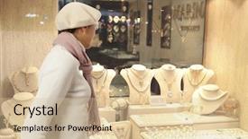  Presentation with looking glass - Amazing PPT theme having window shopping woman chooses jewelry backdrop and a lemonade colored foreground