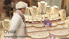  Presentation with looking glass - Slides consisting of window shopping woman chooses jewelry background and a coral colored foreground