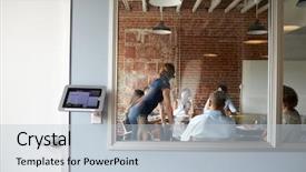  Presentation with meeting - Slide deck consisting of windows 7 - view through window of businesspeople background and a lemonade colored foreground