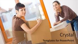  Presentation with women - PPT theme enhanced with windows migration - portrait of young women packing background and a coral colored foreground
