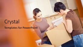  Presentation with new home - Colorful PPT theme enhanced with windows migration - two young women packing up backdrop and a coral colored foreground
