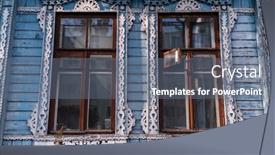  Presentation with facade - Presentation design featuring windows on the facade of a wooden house with carved architraves background and a gray colored foreground