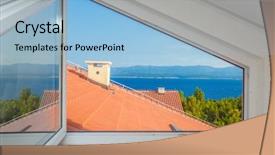  Presentation with mediterranean - Audience pleasing PPT theme consisting of windows pvc - seaview through open window backdrop and a light blue colored foreground