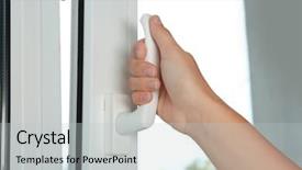  Presentation with retro of window - Presentation design with windows pvc - woman opening window indoors closeup background and a light gray colored foreground