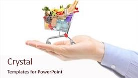  Presentation with groceries cart - Cool new slide deck with wine bag - hand holding a shopping cart backdrop and a sky blue colored foreground