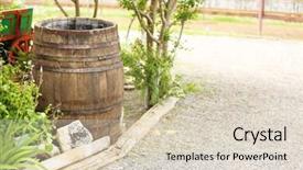  Presentation with old books on a wooden - Presentation design featuring wine beer spirits - old wooden barrel outdoors background and a  colored foreground