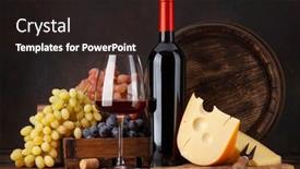  Presentation with red wine cheese - Audience pleasing slide set consisting of wine-bottle-grapes-cheese-glass backdrop and a wine colored foreground