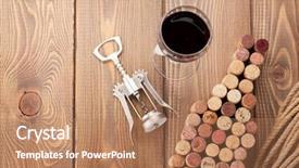  Presentation with corkscrew - Slide set enhanced with wine bottle shaped corks glass of wine and corkscrew over rustic wooden table background view from above with copy space background and a coral colored foreground