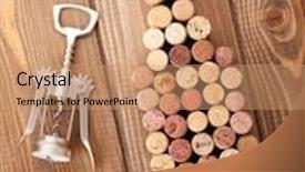  Presentation with corkscrew - Colorful slide set enhanced with wine bottle shaped corks and corkscrew over rustic wooden table background top view backdrop and a coral colored foreground