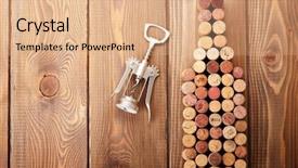  Presentation with corkscrew - Slides enhanced with wine bottle shaped corks and corkscrew over rustic wooden table background top view with copy space background and a coral colored foreground